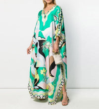 Women Spring Floral Printed Loose Maxi Dress Oversize Elegant 3/4 Sleeve Beach Dresses Summer V-neck Long Split Dresses Mujer