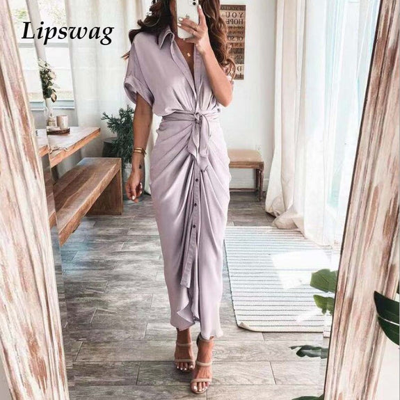 Spring Summer Lapel Button Women Long Dress Elegant Solid Lace-up Slit Dress Office Ladies New Casual Short Sleeve Party Dresses