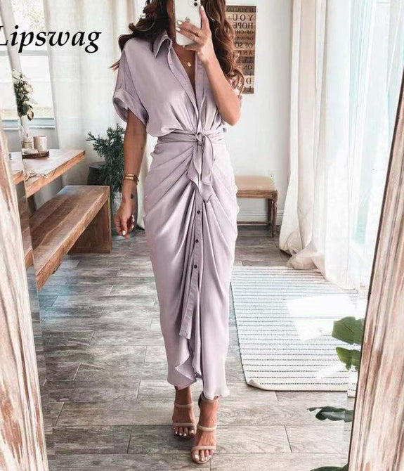 Spring Summer Lapel Button Women Long Dress Elegant Solid Lace-up Slit Dress Office Ladies New Casual Short Sleeve Party Dresses