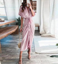 Spring Summer Lapel Button Women Long Dress Elegant Solid Lace-up Slit Dress Office Ladies New Casual Short Sleeve Party Dresses