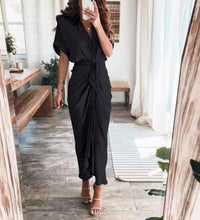 Spring Summer Lapel Button Women Long Dress Elegant Solid Lace-up Slit Dress Office Ladies New Casual Short Sleeve Party Dresses