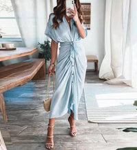 Spring Summer Lapel Button Women Long Dress Elegant Solid Lace-up Slit Dress Office Ladies New Casual Short Sleeve Party Dresses