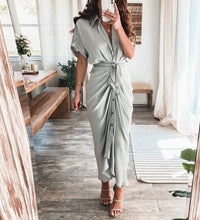 Spring Summer Lapel Button Women Long Dress Elegant Solid Lace-up Slit Dress Office Ladies New Casual Short Sleeve Party Dresses