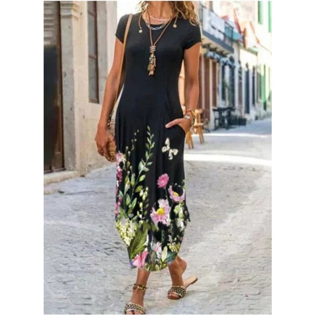 Vintage Floral Printed Dresses Women Casual O Neck Pocket Loose Long Dress Female Plus Size Beach Vacation Party Maxi Dress