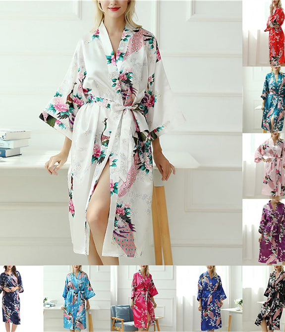 Lady Sexy Costumes Japanese Kimono Yukata Dress With Belt Satin Silk Cardigan Pajamas Sleepwear Woman Smooth Bathing Robe Gown