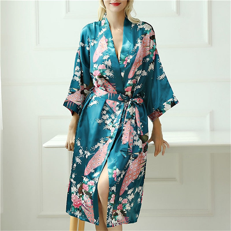 Buy Womens Long Satin Kimono Robe Crane Blossoms Printed Half Sleeve  Vneck Bathrobe LoungeWear Sleepwear Nightgown Bride Dressing Gown XL  Black Online at Low Prices in India  Amazonin