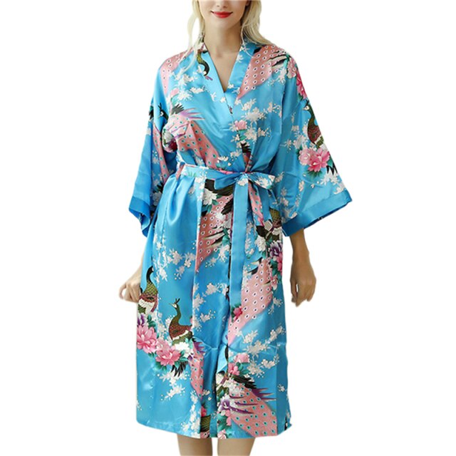 Lady Sexy Costumes Japanese Kimono Yukata Dress With Belt Satin Silk Cardigan Pajamas Sleepwear Woman Smooth Bathing Robe Gown