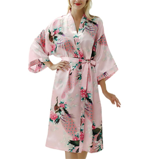 Lady Sexy Costumes Japanese Kimono Yukata Dress With Belt Satin Silk Cardigan Pajamas Sleepwear Woman Smooth Bathing Robe Gown
