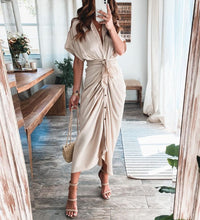 Spring Summer Lapel Button Women Long Dress Elegant Solid Lace-up Slit Dress Office Ladies New Casual Short Sleeve Party Dresses