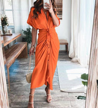 Spring Summer Lapel Button Women Long Dress Elegant Solid Lace-up Slit Dress Office Ladies New Casual Short Sleeve Party Dresses