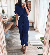 Spring Summer Lapel Button Women Long Dress Elegant Solid Lace-up Slit Dress Office Ladies New Casual Short Sleeve Party Dresses