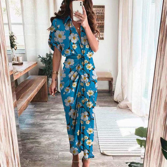 Spring Summer Lapel Button Women Long Dress Elegant Solid Lace-up Slit Dress Office Ladies New Casual Short Sleeve Party Dresses