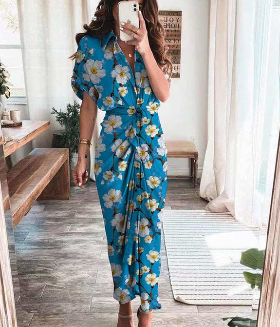 Spring Summer Lapel Button Women Long Dress Elegant Solid Lace-up Slit Dress Office Ladies New Casual Short Sleeve Party Dresses