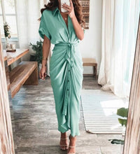 Spring Summer Lapel Button Women Long Dress Elegant Solid Lace-up Slit Dress Office Ladies New Casual Short Sleeve Party Dresses