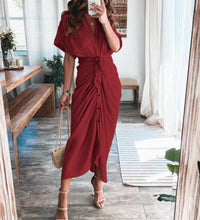 Spring Summer Lapel Button Women Long Dress Elegant Solid Lace-up Slit Dress Office Ladies New Casual Short Sleeve Party Dresses