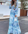 Elegant Deep V Neck Print Boho Long Dress New Sexy Criss-Cross Hollow Out Beach Dress Summer Women Ruffle Long Sleeve Maxi Dress