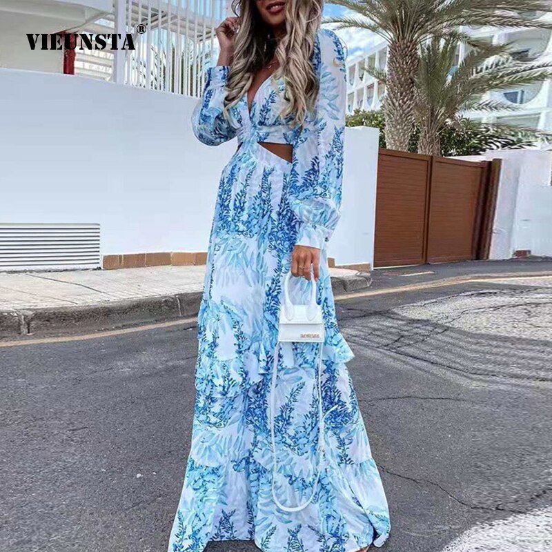 Elegant Deep V Neck Print Boho Long Dress New Sexy Criss-Cross Hollow Out Beach Dress Summer Women Ruffle Long Sleeve Maxi Dress
