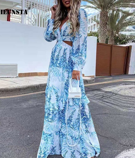 Elegant Deep V Neck Print Boho Long Dress New Sexy Criss-Cross Hollow Out Beach Dress Summer Women Ruffle Long Sleeve Maxi Dress