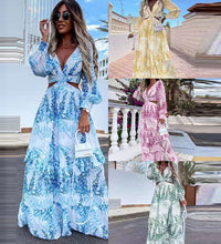 Elegant Deep V Neck Print Boho Long Dress New Sexy Criss-Cross Hollow Out Beach Dress Summer Women Ruffle Long Sleeve Maxi Dress