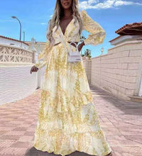 Elegant Deep V Neck Print Boho Long Dress New Sexy Criss-Cross Hollow Out Beach Dress Summer Women Ruffle Long Sleeve Maxi Dress