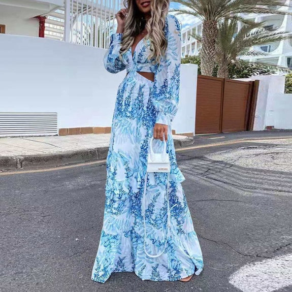 Elegant Deep V Neck Print Boho Long Dress New Sexy Criss-Cross Hollow Out Beach Dress Summer Women Ruffle Long Sleeve Maxi Dress