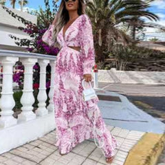 Elegant Deep V Neck Print Boho Long Dress New Sexy Criss-Cross Hollow Out Beach Dress Summer Women Ruffle Long Sleeve Maxi Dress