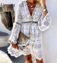 Women Casual Lace Hollow Ladies Mini Dress Summer Boho Style Petal Sleeve V-neck Dress Vintage Party Beach Dress Vestidos Mujer