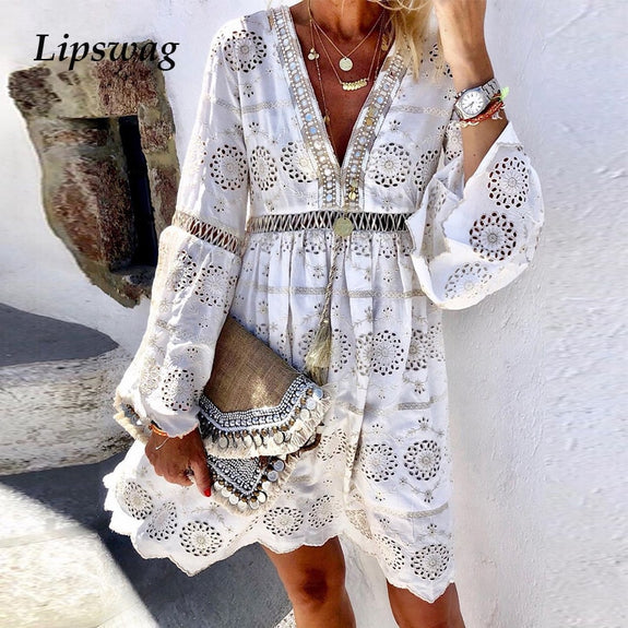 Women Casual Lace Hollow Ladies Mini Dress Summer Boho Style Petal Sleeve V-neck Dress Vintage Party Beach Dress Vestidos Mujer
