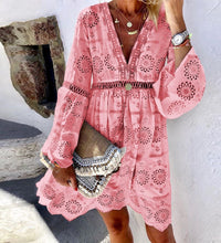 Women Casual Lace Hollow Ladies Mini Dress Summer Boho Style Petal Sleeve V-neck Dress Vintage Party Beach Dress Vestidos Mujer