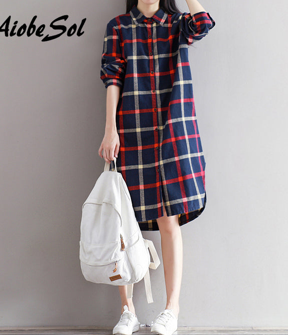 Korean Fashion Plaid Shirt Dress Spring Autumn 2018 Loose Preppy Long Sleeve - astore.in