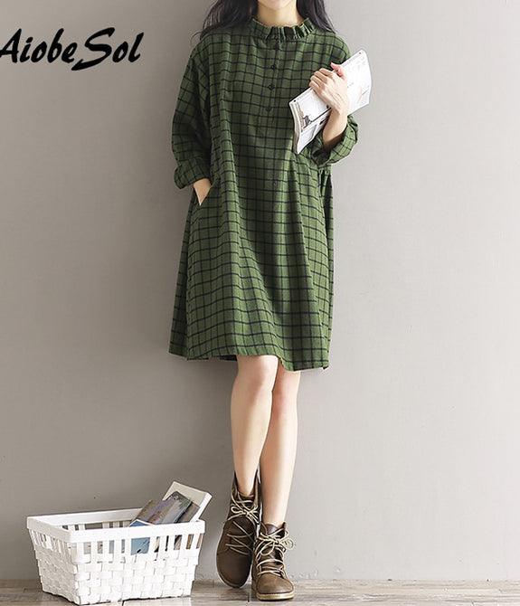 Plaid Cotton Dress 2018 Spring  Long Sleeve Shirt - astore.in