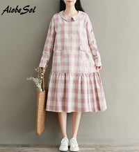 Japanese Mori Girl Dress 2018 Autumn Women Vintage Literary Plaid Peter Pan Collar Ruffles Long Sleeve Long Cotton Linen Dress - astore.in