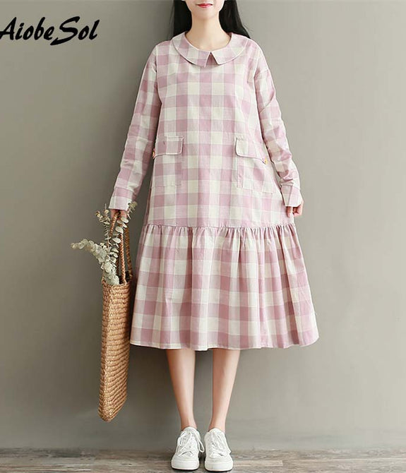 Japanese Mori Girl Dress 2018 Autumn Women Vintage Literary Plaid Peter Pan Collar Ruffles Long Sleeve Long Cotton Linen Dress - astore.in