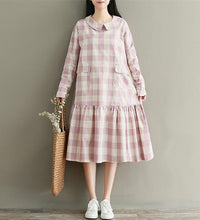 Japanese Mori Girl Dress 2018 Autumn Women Vintage Literary Plaid Peter Pan Collar Ruffles Long Sleeve Long Cotton Linen Dress - astore.in